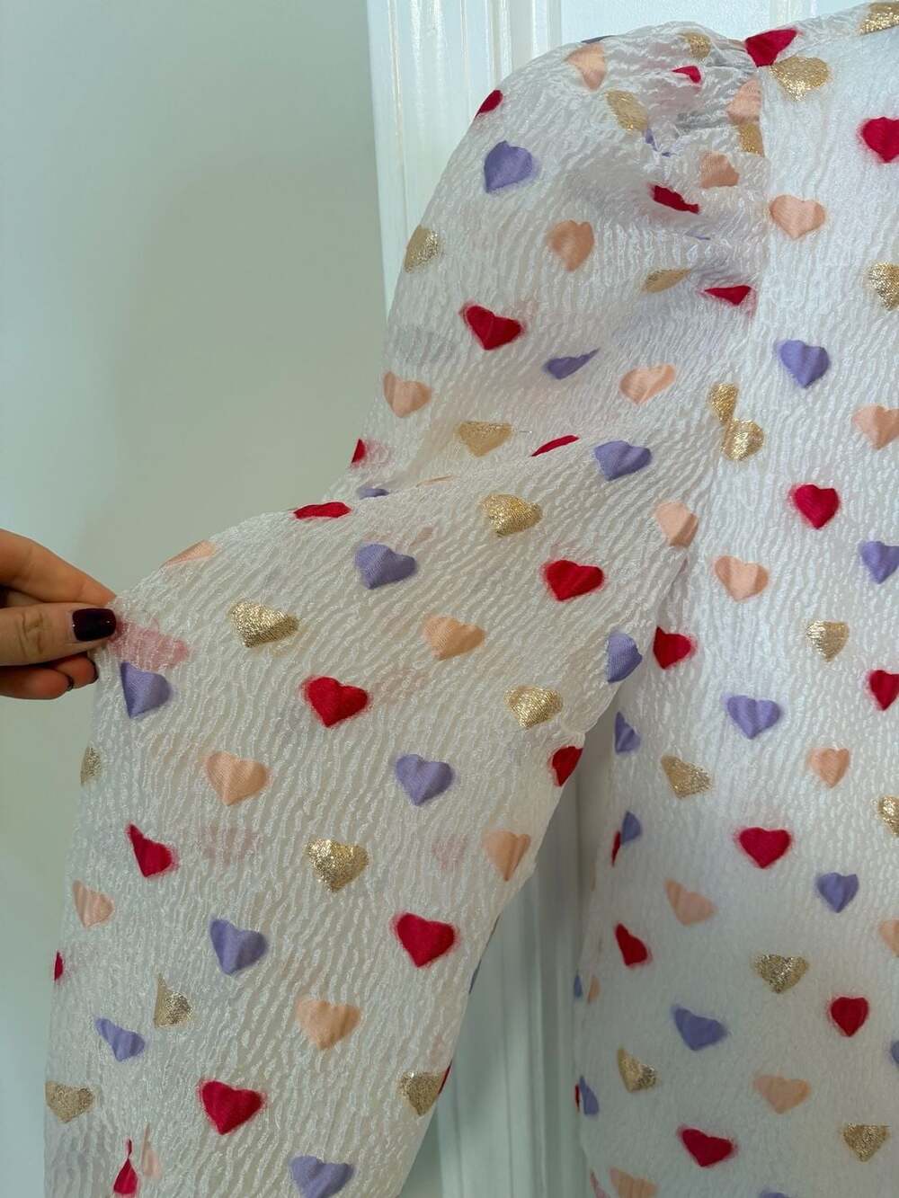 THML Heart Print Blouse Size XS Long Sleeve Multicolored Puffed - Picture 2 of 6